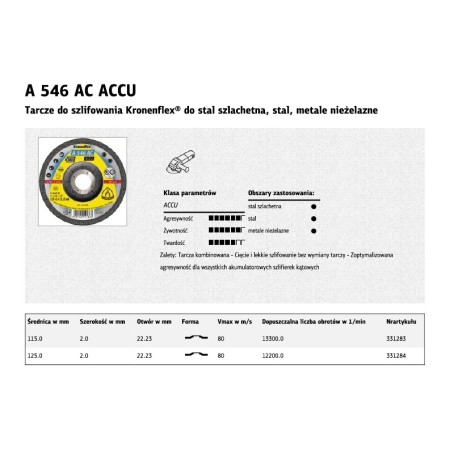 Klingspor Tarcza Do Cięcia Metalu 125 X 2,0Mm  A546Accu Do Szlifierek Akumulatorowych