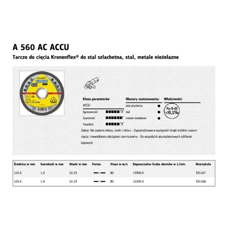 Klingspor Tarcza Do Cięcia Metalu 125Mm X 1,0Mm X 22,2Mm  A560 Accu Do Szlifierek Akumulatorowych