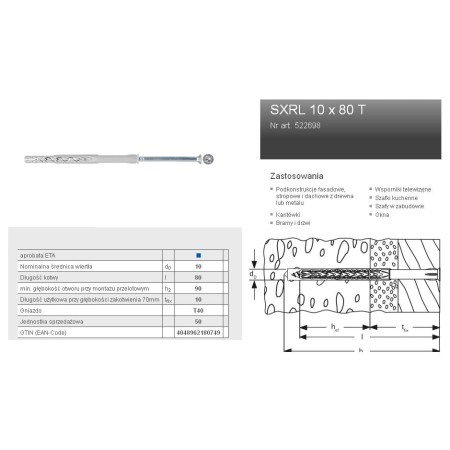 FISCHER KOŁEK ROZPOROWY SXRL 10 x 80 T40 50szt