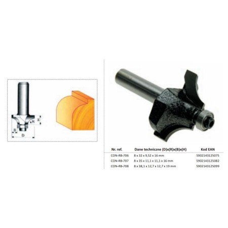 CONDOR FREZ DO DREWNA, DO ZAOKRĄGLEŃ Fi 38 12,7 x 19mm TRZPIEŃ 8mm Z ŁOŻYSKIEM