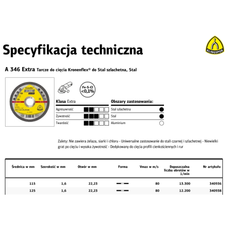KLINGSPOR TARCZA DO CIĘCIA METALU 115mm x 1,6mm x 22,2mm A346 Extra