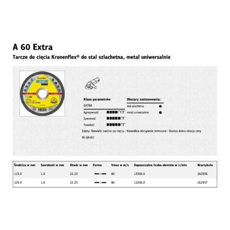 KLINGSPOR TARCZA DO CIĘCIA METALU 115mm x 1,0mm 22,2mm  A60 Extra