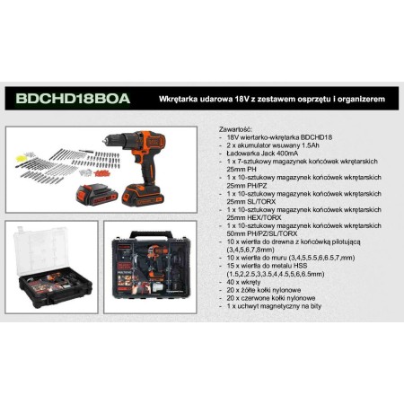 BLACK+DECKER WKRĘTARKA UDAROWA 18V 2x1,5Ah LI-ION + AKCESORIA + ORGANIZER