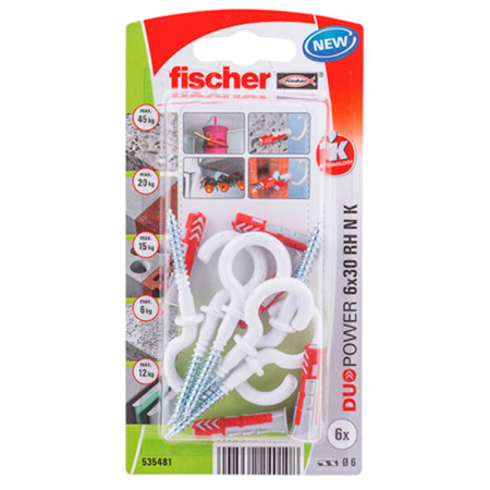 FISCHER KOŁEK DUOPOWER  6x30 Z HAKIEM OKRĄGŁYM /6szt. BIAŁE