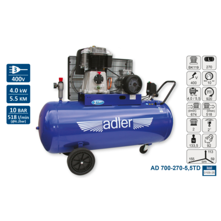 Adler Kompresor 270L Ad 700-270-5,5Td 400V Dwucylindrowy Dwustopniowy