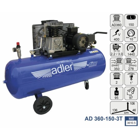 Adler Kompresor 150L Ad360-150-3T Dwuclindrowy Jednostopniowy